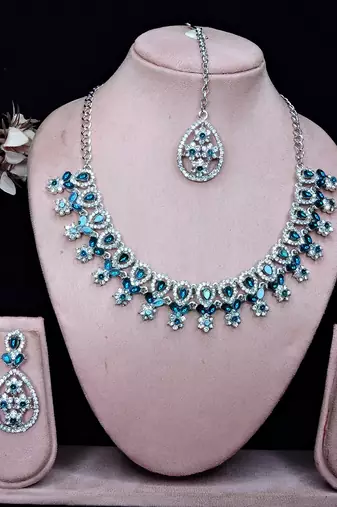 Blue rhodium premium designer american diamond and stone work necklace set