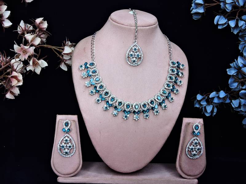 Blue rhodium premium designer american diamond and stone work necklace set