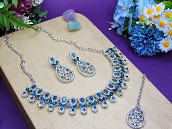 Blue rhodium premium designer american diamond and stone work necklace set 2