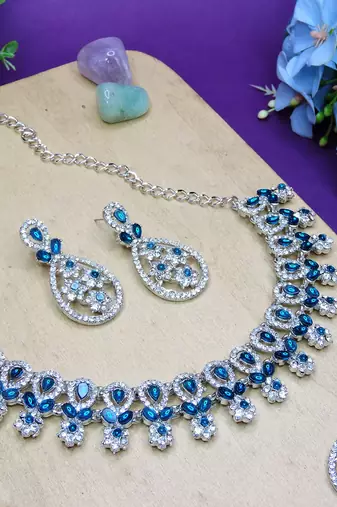 Blue rhodium premium designer american diamond and stone work necklace set