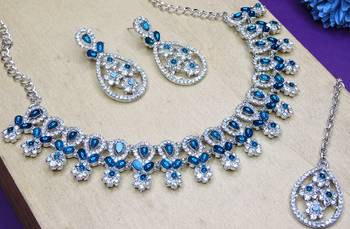 Blue rhodium premium designer american diamond and stone work necklace set 3