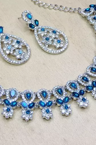 Blue rhodium premium designer american diamond and stone work necklace set