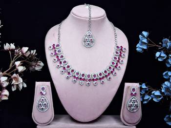 Pink rhodium premium designer american diamond and stone work necklace set 1