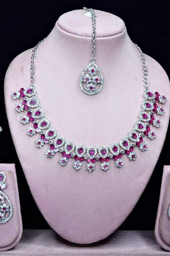 Pink rhodium premium designer american diamond and stone work necklace set