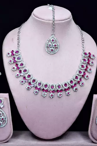Pink rhodium premium designer american diamond and stone work necklace set