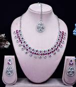 Pink rhodium premium designer american diamond and stone work necklace set