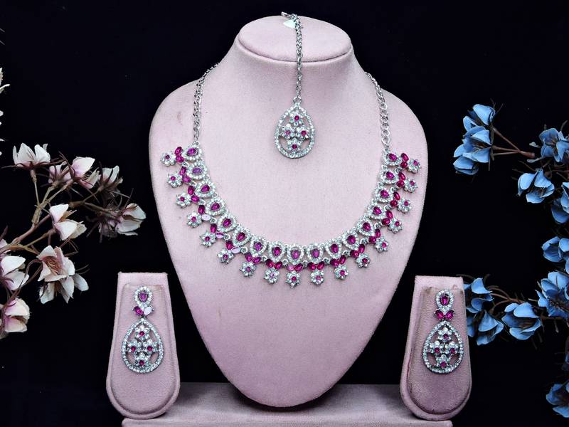 Pink rhodium premium designer american diamond and stone work necklace set