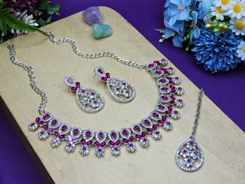 Pink rhodium premium designer american diamond and stone work necklace set 2