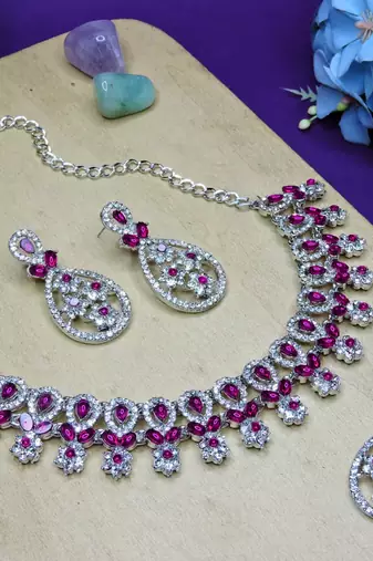 Pink rhodium premium designer american diamond and stone work necklace set