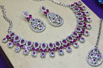 Pink rhodium premium designer american diamond and stone work necklace set 3