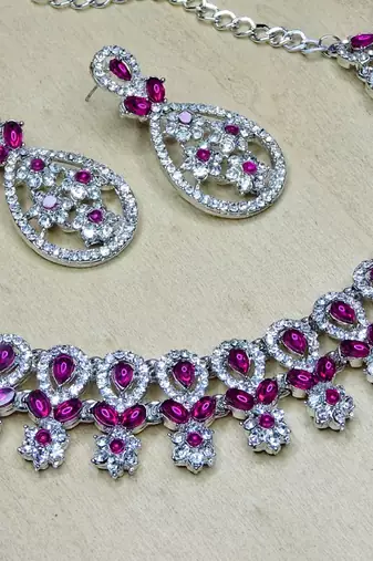 Pink rhodium premium designer american diamond and stone work necklace set