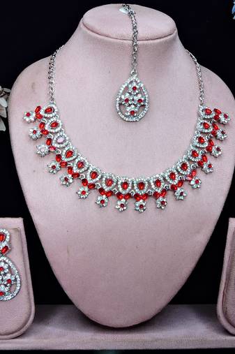 Red rhodium premium designer american diamond and stone work necklace set