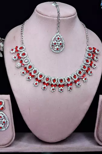 Red rhodium premium designer american diamond and stone work necklace set