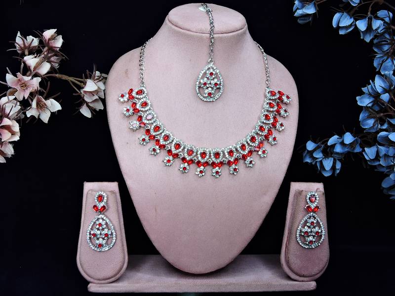 Red rhodium premium designer american diamond and stone work necklace set