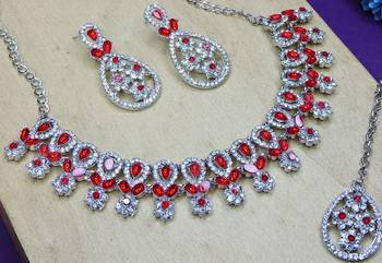 Red rhodium premium designer american diamond and stone work necklace set 2