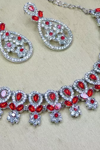Red rhodium premium designer american diamond and stone work necklace set