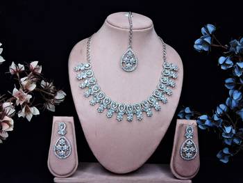 White rhodium premium designer american diamond and stone work necklace set 1