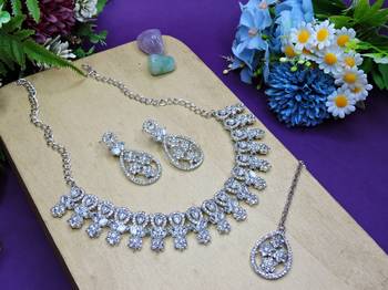 White rhodium premium designer american diamond and stone work necklace set 2