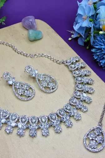 White rhodium premium designer american diamond and stone work necklace set
