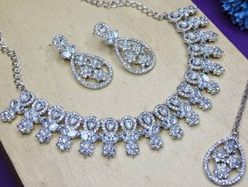 White rhodium premium designer american diamond and stone work necklace set 3