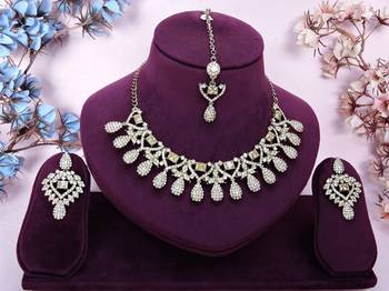 Gold yellow gold premium designer american diamond and stone work necklace set 1