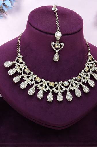 Gold yellow gold premium designer american diamond and stone work necklace set