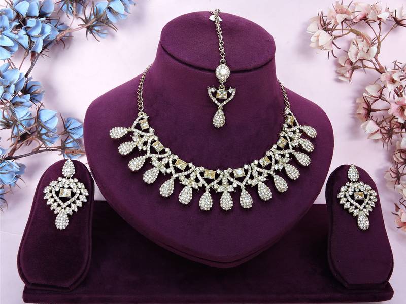 Gold yellow gold premium designer american diamond and stone work necklace set