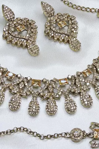 Gold yellow gold premium designer american diamond and stone work necklace set