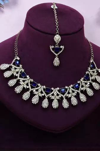 Blue yellow gold premium designer american diamond and stone work necklace set