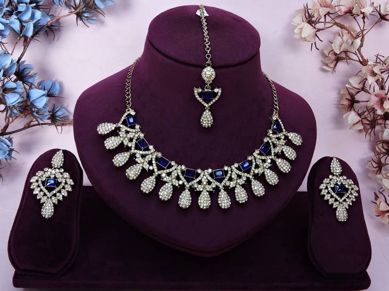Blue yellow gold premium designer american diamond and stone work necklace set