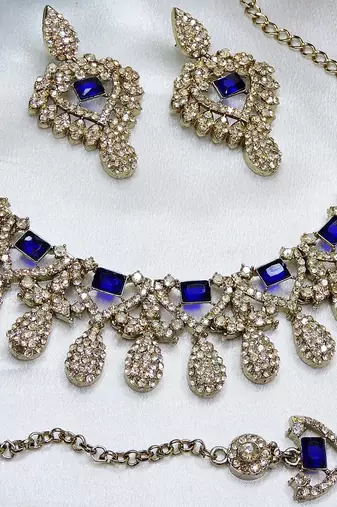 Blue yellow gold premium designer american diamond and stone work necklace set