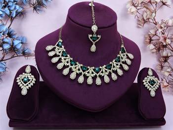 Green yellow gold premium designer american diamond and stone work necklace set 1