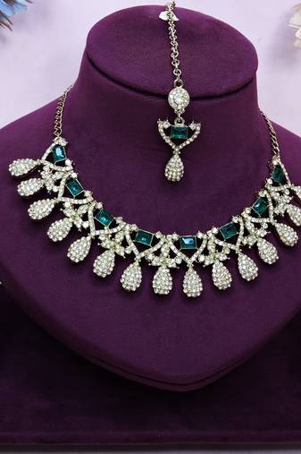 Green yellow gold premium designer american diamond and stone work necklace set