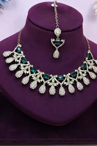 Green yellow gold premium designer american diamond and stone work necklace set