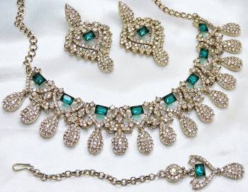 Green yellow gold premium designer american diamond and stone work necklace set 2