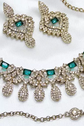Green yellow gold premium designer american diamond and stone work necklace set