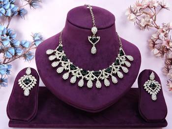 Green yellow gold premium designer american diamond and stone work necklace set 1