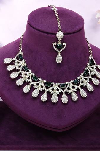 Green yellow gold premium designer american diamond and stone work necklace set