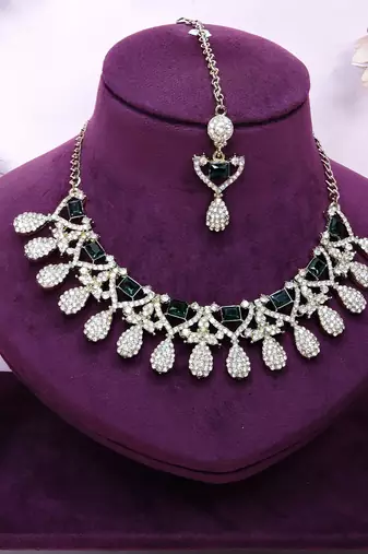 Green yellow gold premium designer american diamond and stone work necklace set