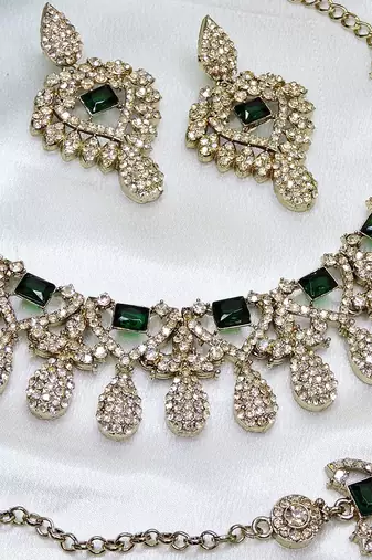 Green yellow gold premium designer american diamond and stone work necklace set