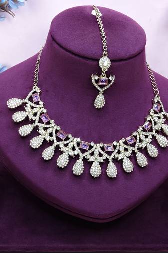 Purple yellow gold premium designer american diamond and stone work necklace set
