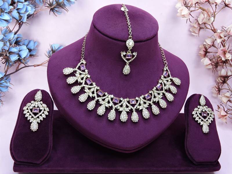 Purple yellow gold premium designer american diamond and stone work necklace set