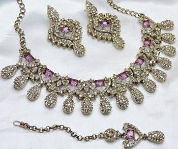 Purple yellow gold premium designer american diamond and stone work necklace set 2