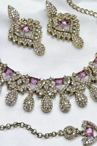 Purple yellow gold premium designer american diamond and stone work necklace set