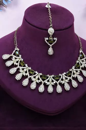 Green yellow gold premium designer american diamond and stone work necklace set