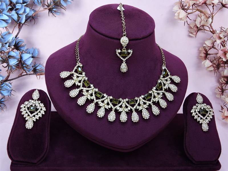 Green yellow gold premium designer american diamond and stone work necklace set