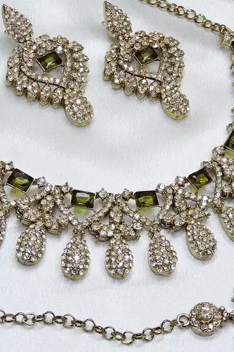 Green yellow gold premium designer american diamond and stone work necklace set