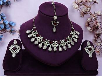 Maroon yellow gold premium designer american diamond and stone work necklace set 1