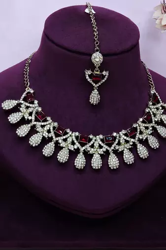 Maroon yellow gold premium designer american diamond and stone work necklace set