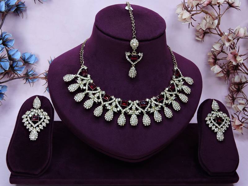 Maroon yellow gold premium designer american diamond and stone work necklace set